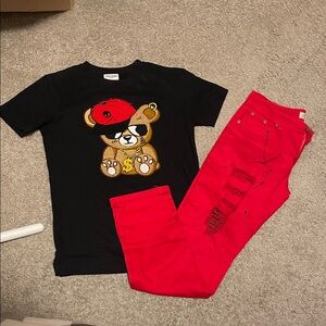 Black Graphic Tee and Red Distressed Jeans Set